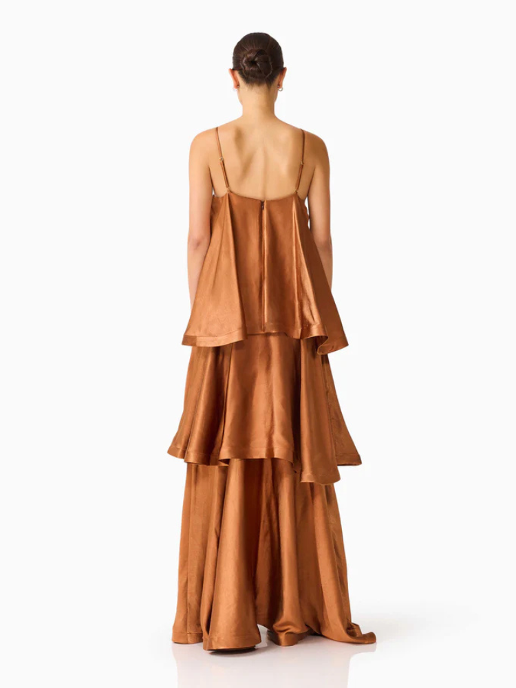 Vestido Longo Fluido com Babados Zunna Velvet