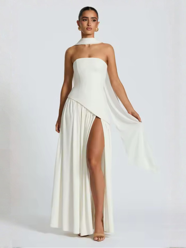 Vestido Longo Elegante Sem Alças com Fenda Zunna Nina