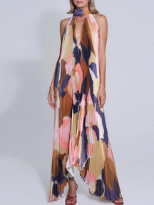 Vestido Longo Estampa Artística e Plissado Fluido Zunna Camila