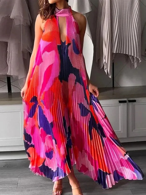 Vestido Longo Estampa Artística e Plissado Fluido Zunna Camila