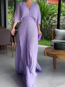 Vestido Longo Plissado Decote V Zunna Isadora