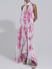 Vestido Longo Estampa Artística e Plissado Fluido Zunna Camila