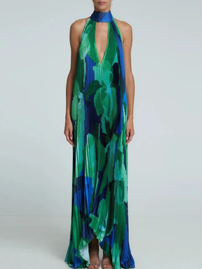 Vestido Longo Estampa Artística e Plissado Fluido Zunna Camila