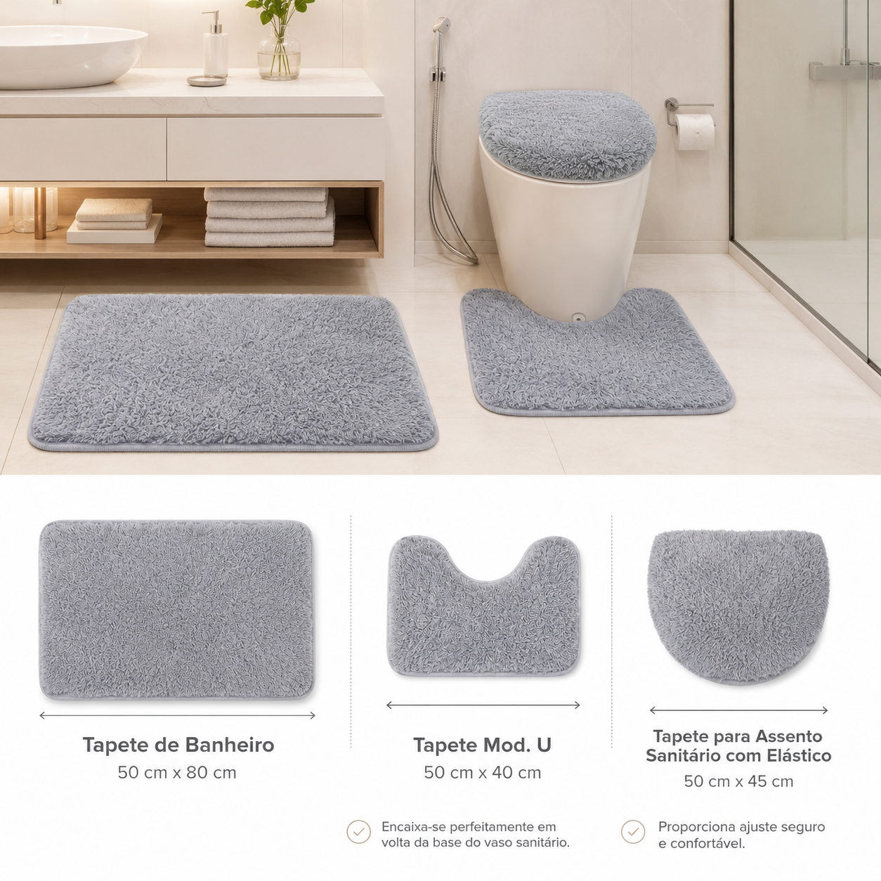 Conjunto de Tapetes 3 Peças Antiderrapantes de Microfibra Ultra Macio