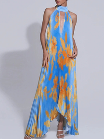 Vestido Longo Estampa Artística e Plissado Fluido Zunna Camila