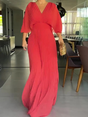 Vestido Longo Plissado Decote V Zunna Isadora