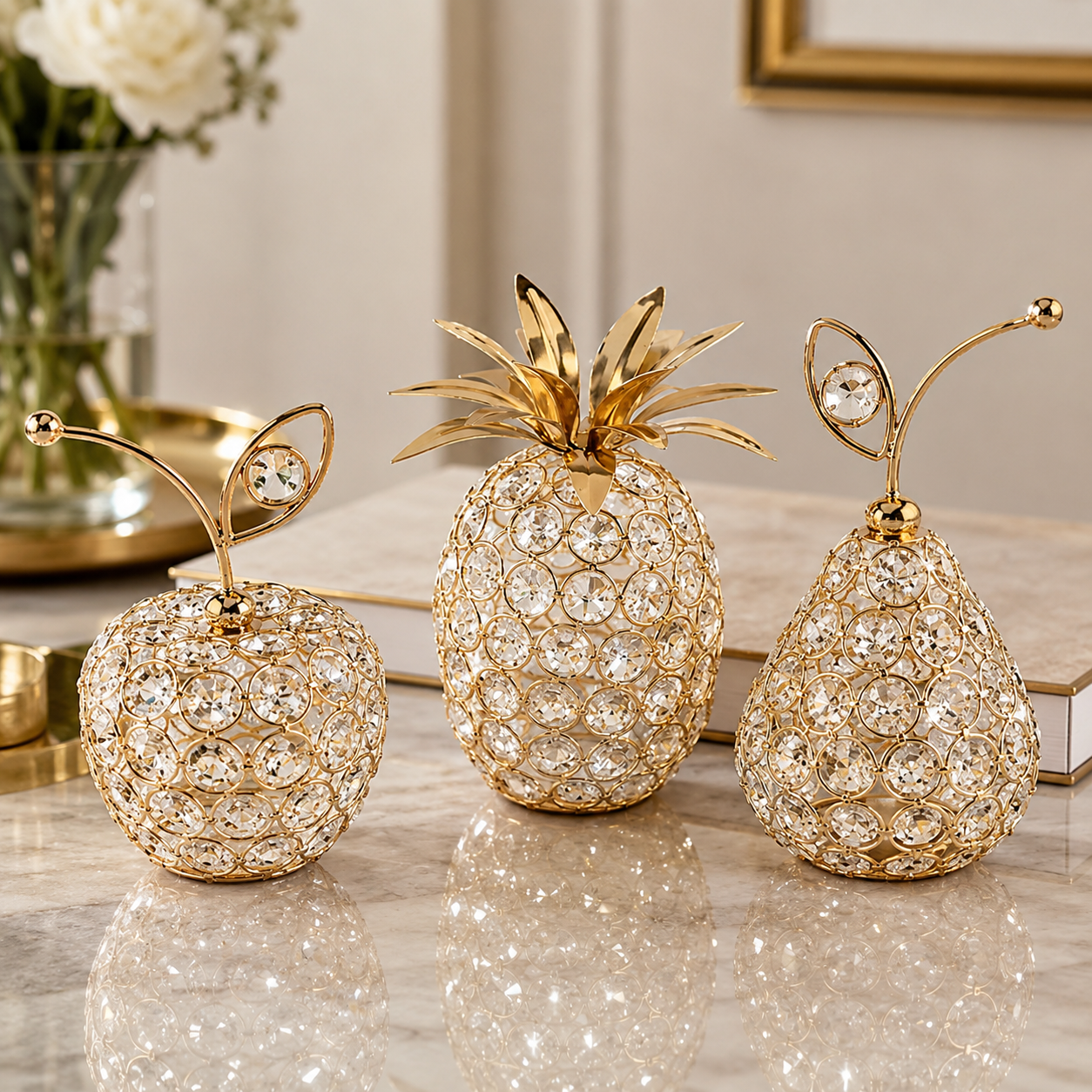 Frutas Decorativas de Cristal e Metal Dourado