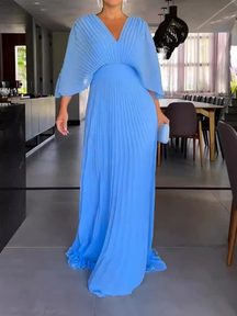 Vestido Longo Plissado Decote V Zunna Isadora
