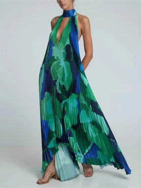 Vestido Longo Estampa Artística e Plissado Fluido Zunna Camila