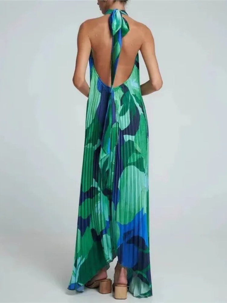 Vestido Longo Estampa Artística e Plissado Fluido Zunna Camila