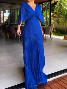 Vestido Longo Plissado Decote V Zunna Isadora