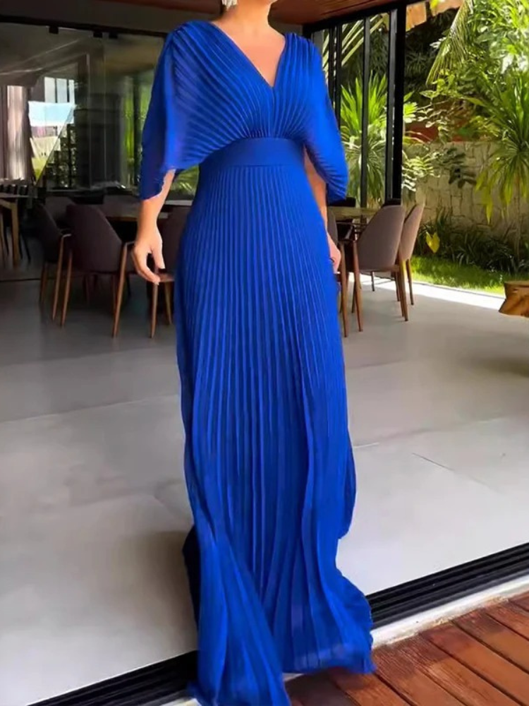 Vestido Longo Plissado Decote V Zunna Isadora