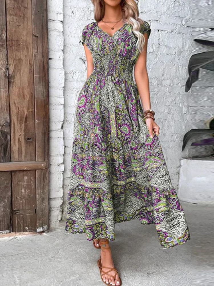Vestido Longo Decote em V Estampado Zunna Thais