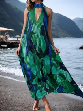 Vestido Longo Estampa Artística e Plissado Fluido Zunna Camila
