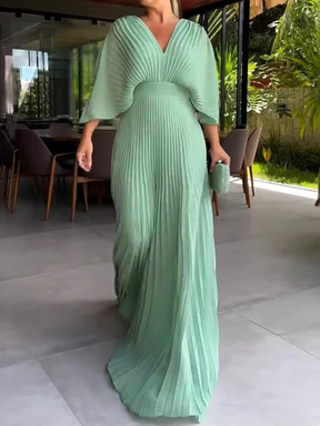 Vestido Longo Plissado Decote V Zunna Isadora