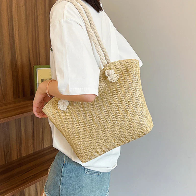 Bolsa de ombro luxuosa para mulheres, bolsa de grande capacidade, férias de praia, design boêmio, verão