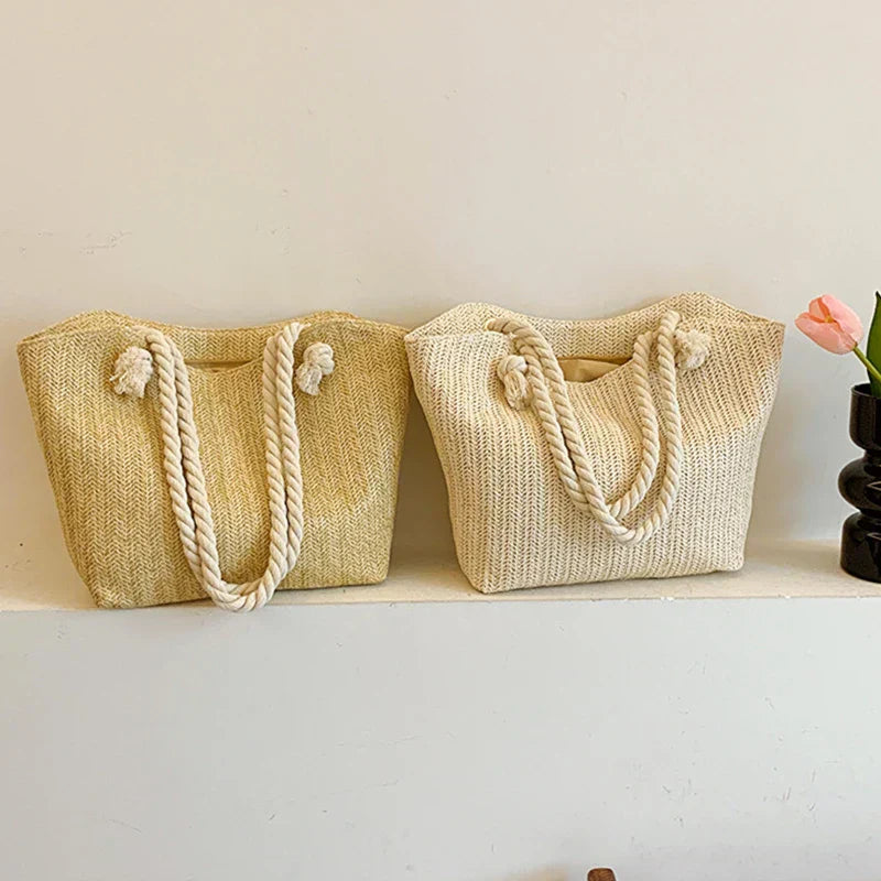 Bolsa de ombro luxuosa para mulheres, bolsa de grande capacidade, férias de praia, design boêmio, verão