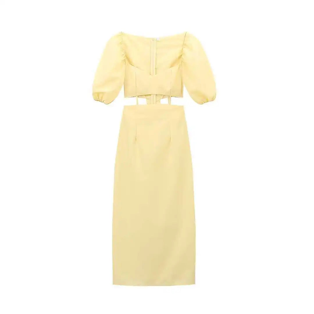 Vestido Midi Amarelo Feminino Mangas Bufantes