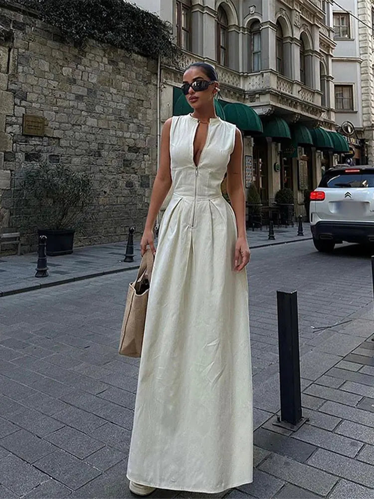 Vestido Feminino Sem Mangas com Zíper de Cintura Alta Paris