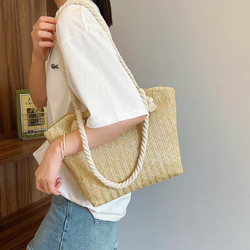 Bolsa de ombro luxuosa para mulheres, bolsa de grande capacidade, férias de praia, design boêmio, verão