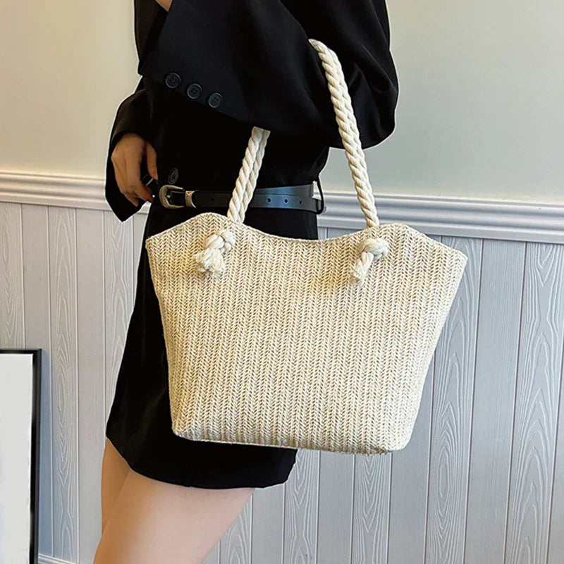 Bolsa de ombro luxuosa para mulheres, bolsa de grande capacidade, férias de praia, design boêmio, verão