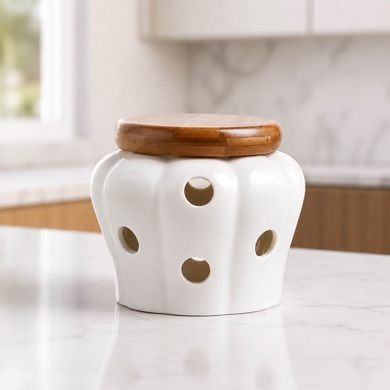Pote de Cerâmica Arejado Minimalista com Tampa de Bambu