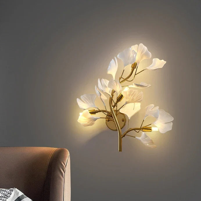Arandela de Parede Floral Ginko Biloba - Luminária Decorativa Dourada