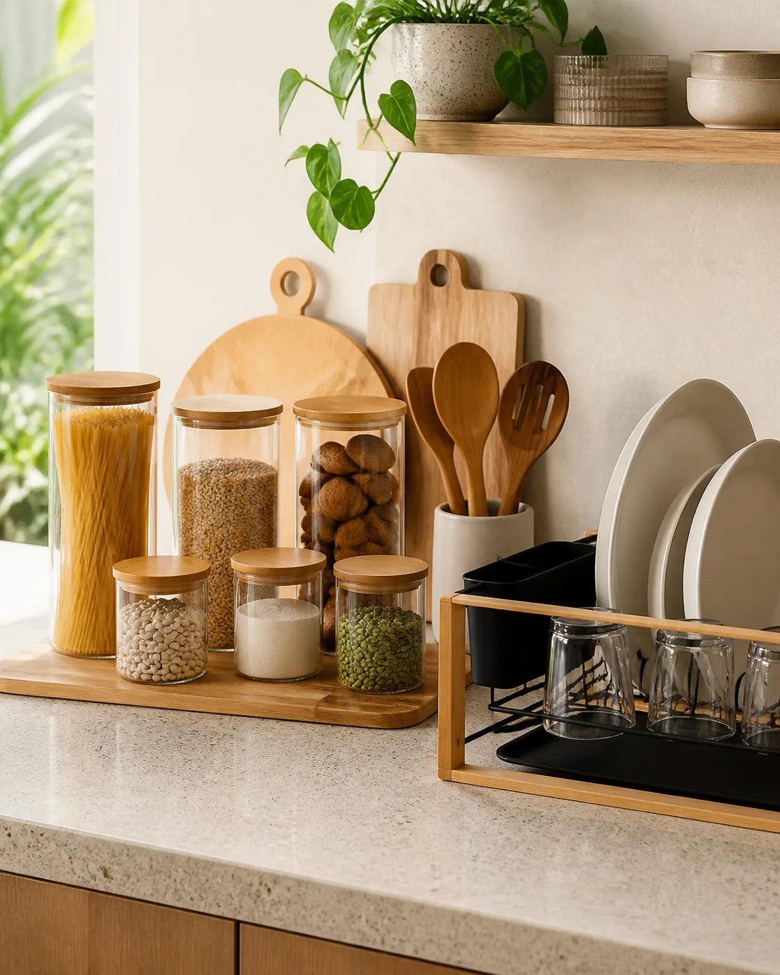 Cozinha organizada com potes e utensílios