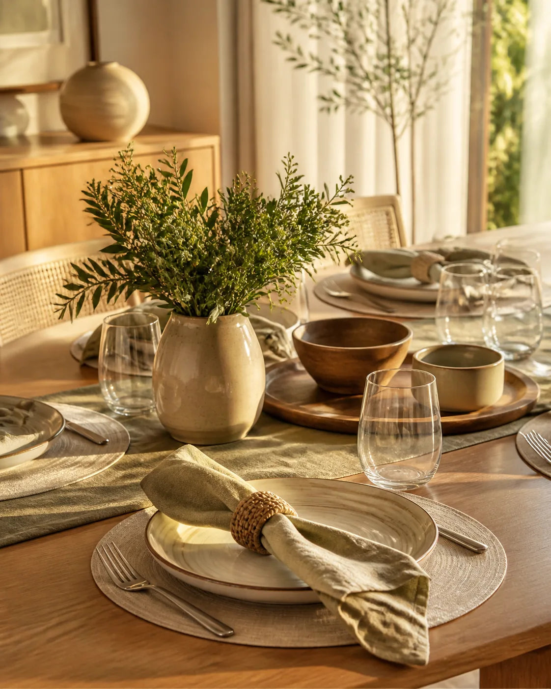 Mesa posta elegante em tons naturais